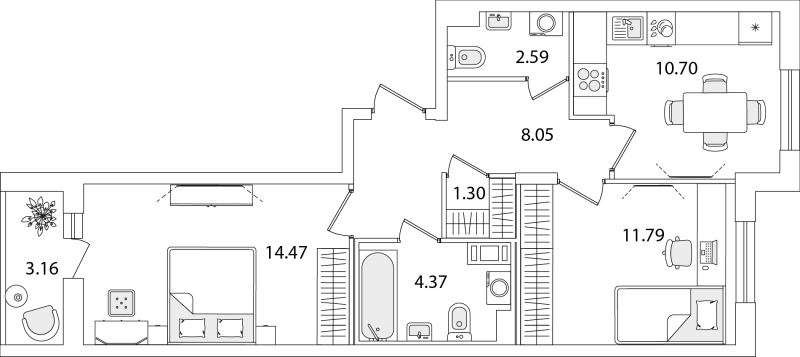 2-комнатная квартира, 54.85 м² в ЖК "Кинопарк" - планировка, фото №1