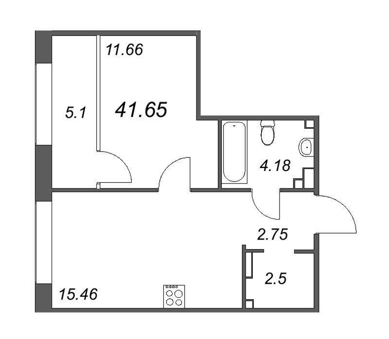2-комнатная (Евро) квартира, 41.65 м² - планировка, фото №1