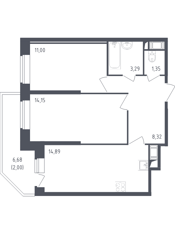 2-комнатная квартира, 55 м² - планировка, фото №1