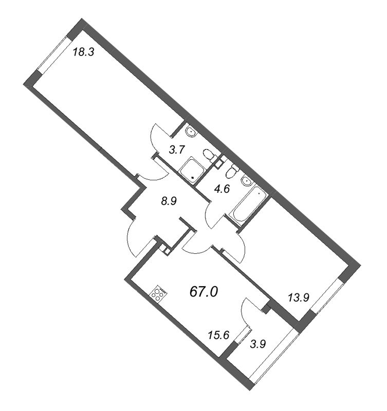 3-комнатная (Евро) квартира, 67 м² - планировка, фото №1