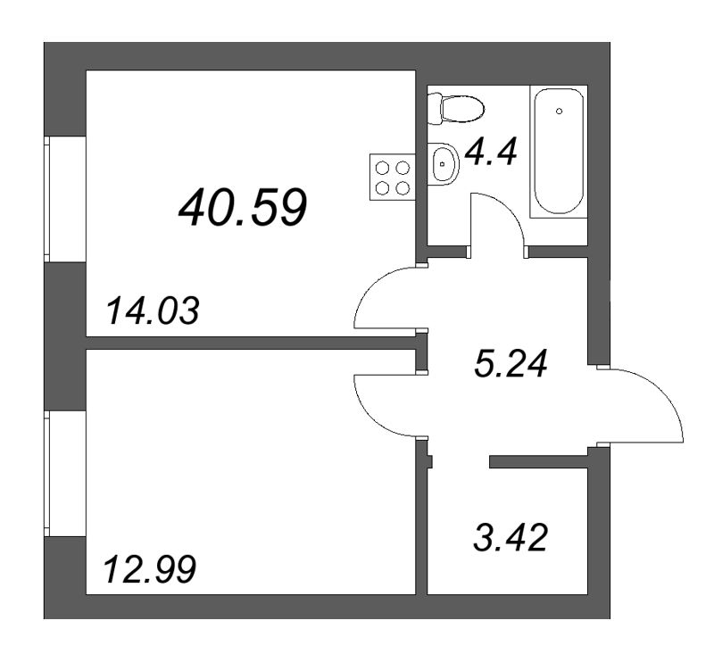 1-комнатная квартира, 40.59 м² в ЖК "Фонтанка 130" - планировка, фото №1