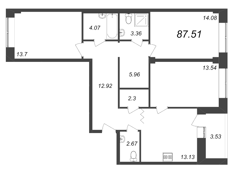3-комнатная квартира, 87.51 м² - планировка, фото №1