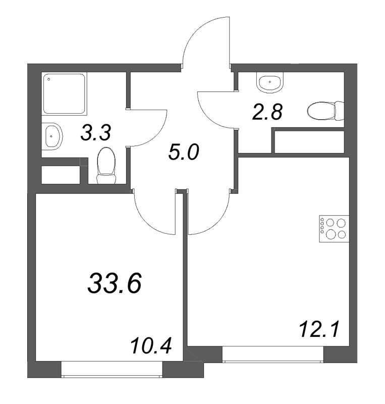 1-комнатная квартира, 33.6 м² в ЖК "Гений" - планировка, фото №1