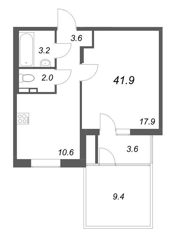 1-комнатная квартира, 41.9 м² в ЖК "Экография" - планировка, фото №1