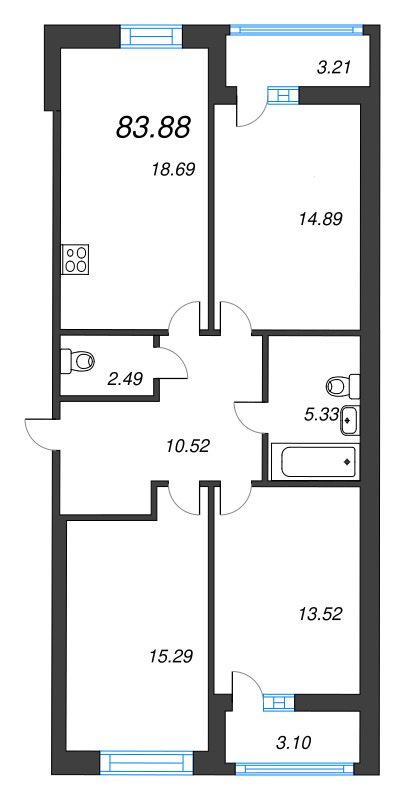 4-комнатная (Евро) квартира, 84 м² - планировка, фото №1