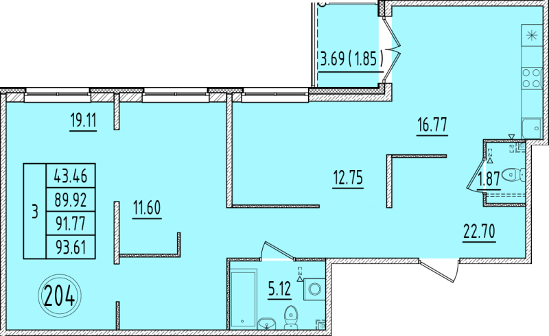 4-комнатная (Евро) квартира, 89.92 м² в ЖК "Образцовый квартал 6.4" - планировка, фото №1