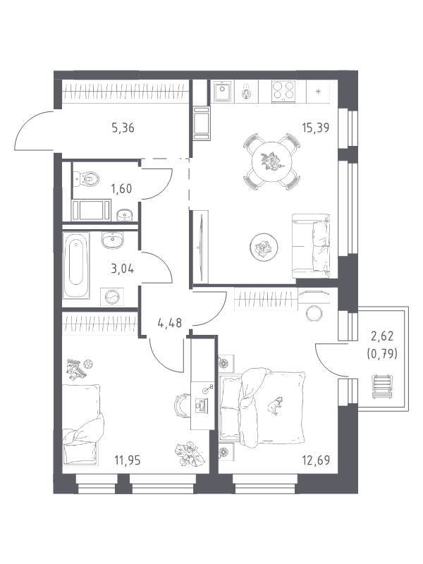 3-комнатная (Евро) квартира, 55.3 м² в ЖК "Новое Колпино" - планировка, фото №1