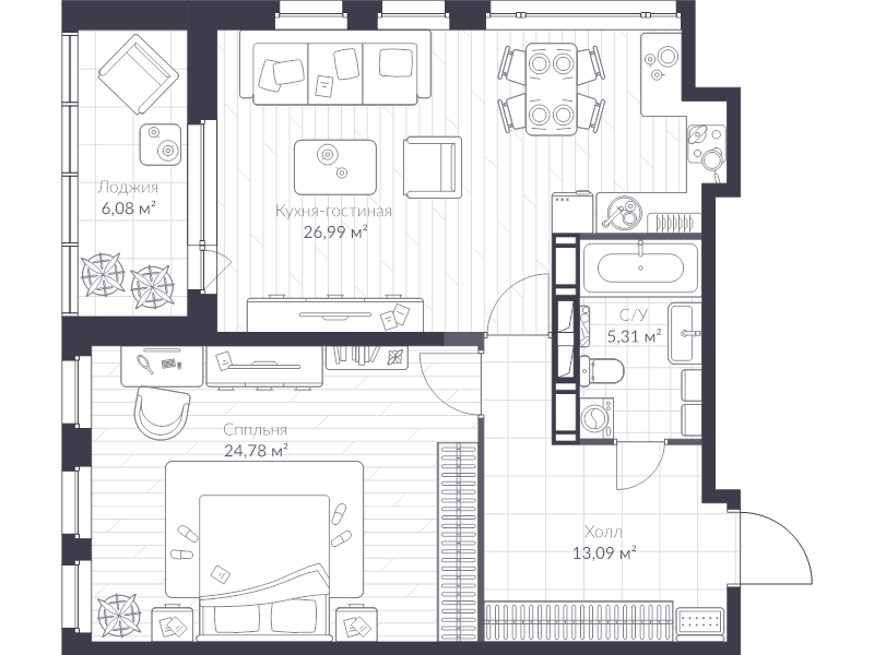 2-комнатная квартира, 73.2 м² - планировка, фото №1