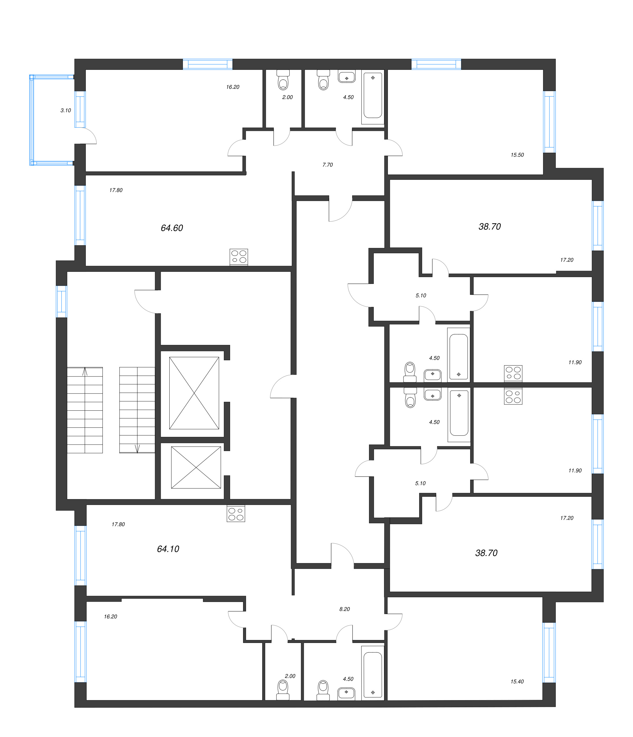 3-комнатная (Евро) квартира, 64.6 м² в ЖК "Ягодное Река Парк" - планировка этажа