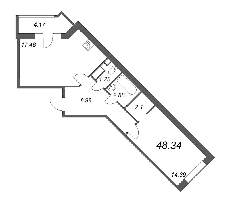 2-комнатная (Евро) квартира, 48.34 м² - планировка, фото №1
