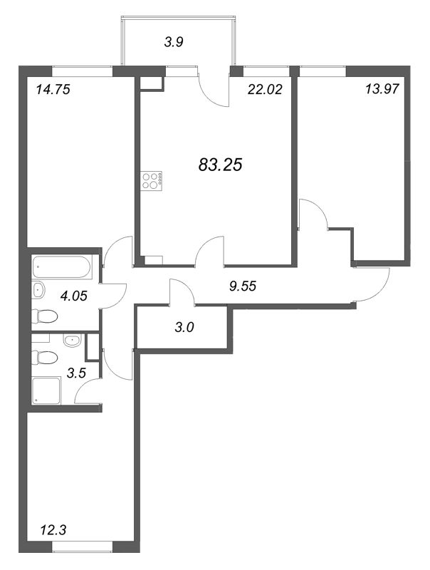 4-комнатная (Евро) квартира, 83.25 м² в ЖК "Любоград" - планировка, фото №1