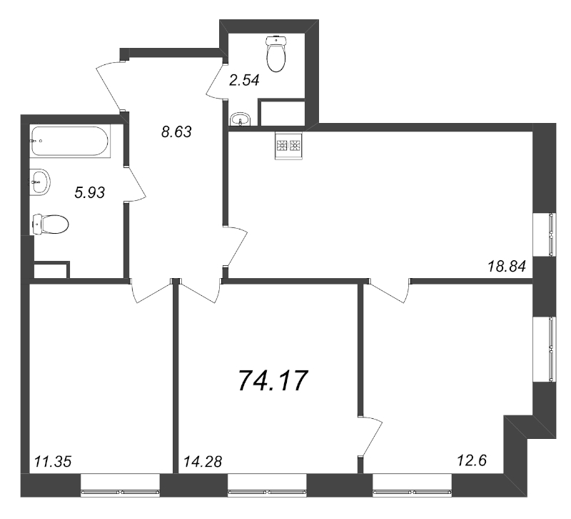 4-комнатная (Евро) квартира, 74.17 м² - планировка, фото №1