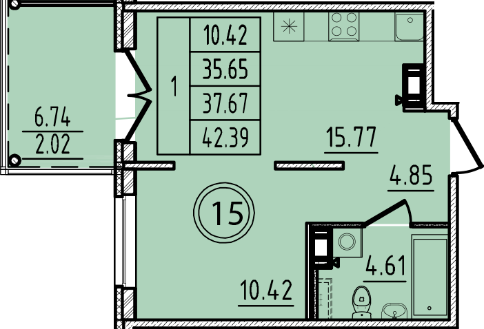 2-комнатная (Евро) квартира, 35.65 м² - планировка, фото №1