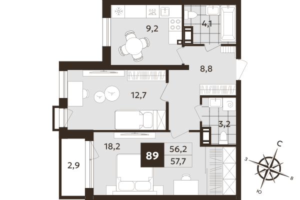 2-комнатная квартира, 56.2 м² в ЖК "Дом на Бронницкой" - планировка, фото №1