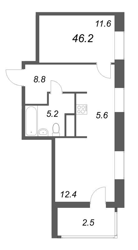 1-комнатная квартира, 46.2 м² - планировка, фото №1