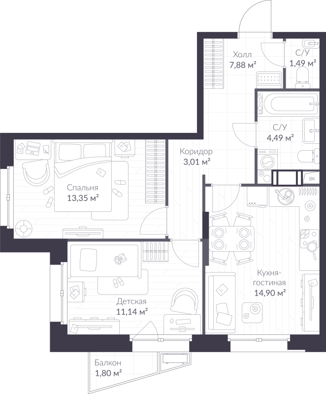 2-комнатная квартира, 56.8 м² в ЖК "VEREN NORT сертолово" - планировка, фото №1