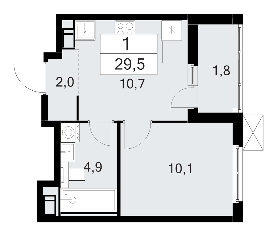 1-комнатная квартира, 29.5 м² - планировка, фото №1