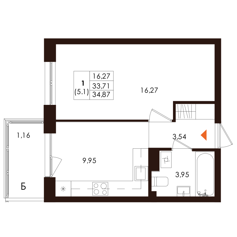 1-комнатная квартира, 34.87 м² - планировка, фото №1