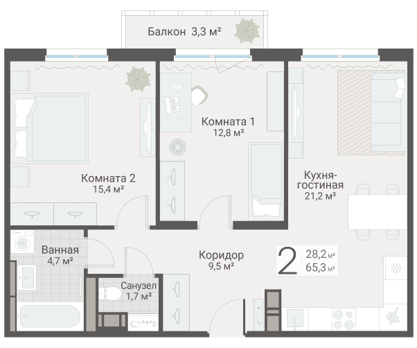 3-комнатная (Евро) квартира, 65.3 м² в ЖК "Руднева 15" - планировка, фото №1