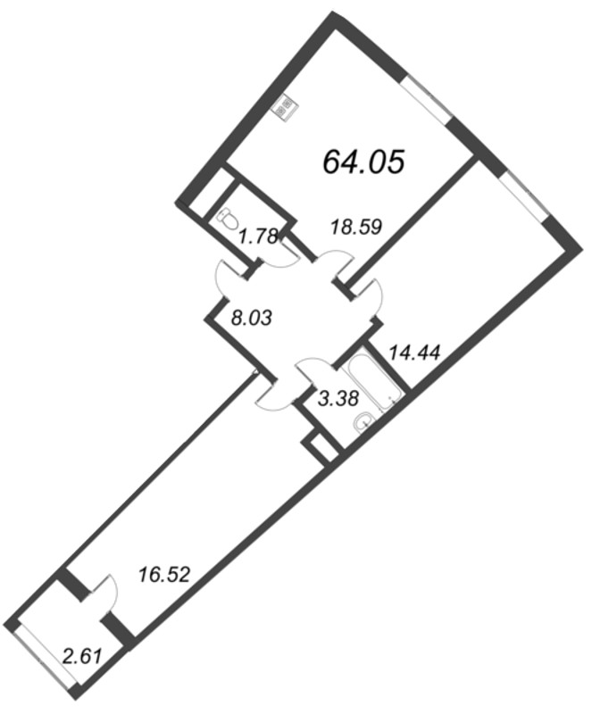 2-комнатная (Евро) квартира, 64.05 м² - планировка, фото №1