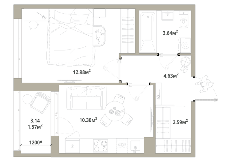 1-комнатная квартира, 35.71 м² в ЖК "Тишин" - планировка, фото №1