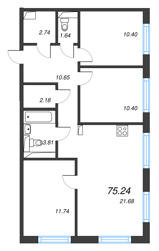 4-комнатная (Евро) квартира, 75.24 м² в ЖК "Legenda Васильевского" - планировка, фото №1