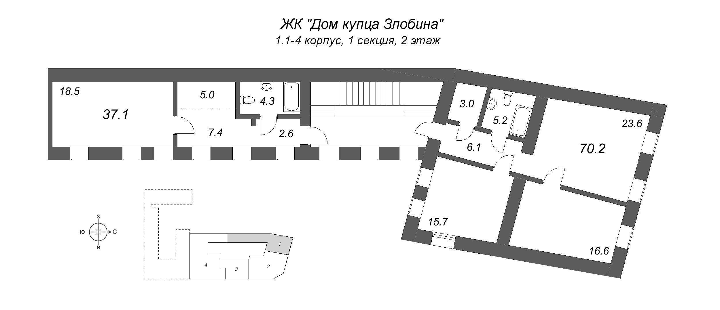 1-комнатная квартира, 37.1 м² в ЖК "Дом купца Злобина" - планировка этажа