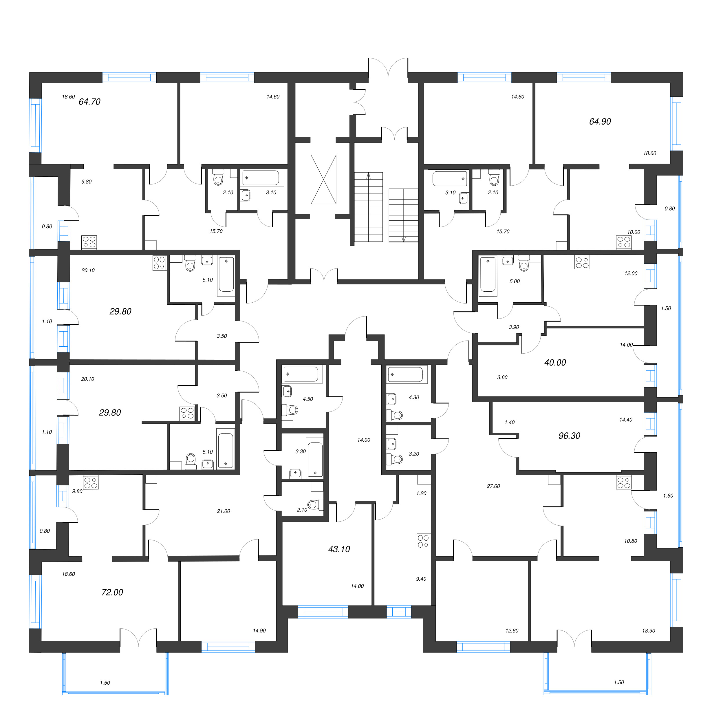 1-комнатная квартира, 43.67 м² - планировка этажа