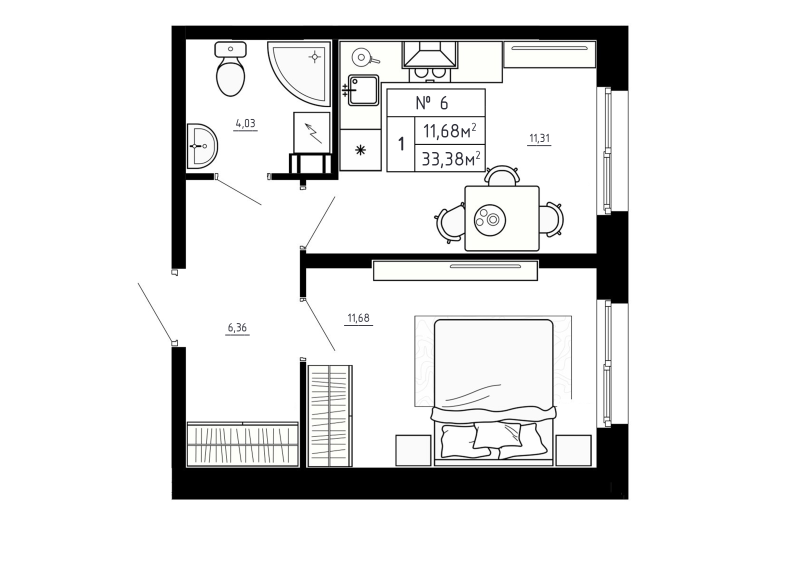 1-комнатная квартира, 33.38 м² в ЖК "Аннино Сити" - планировка, фото №1