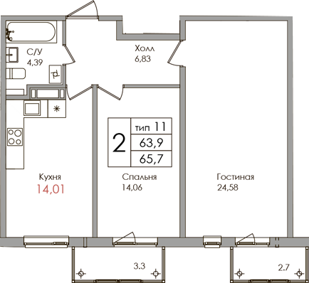 2-комнатная квартира, 63.9 м² в ЖК "Верхний" - планировка, фото №1