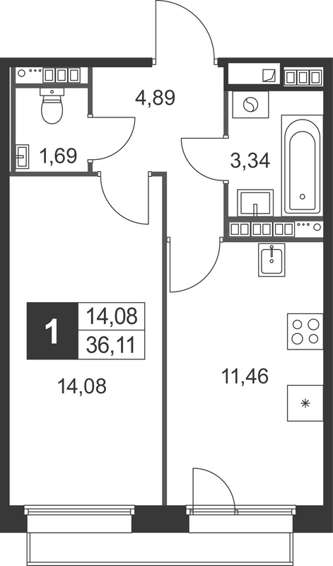 1-комнатная квартира, 36.11 м² в ЖК "Слобода" - планировка, фото №1