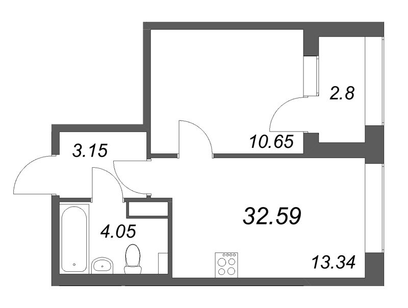 1-комнатная квартира, 32.59 м² в ЖК "Аурум" - планировка, фото №1