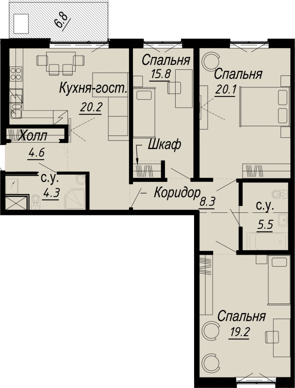 4-комнатная (Евро) квартира, 104.47 м² - планировка, фото №1