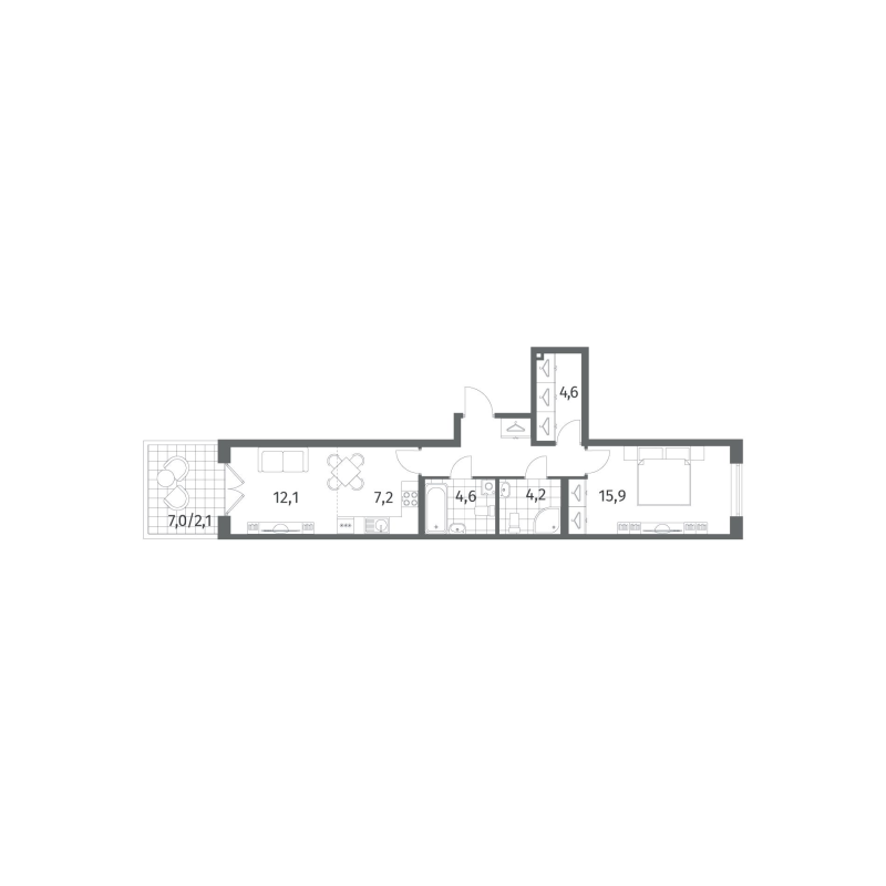 2-комнатная (Евро) квартира, 58.7 м² в ЖК "Парусная 1" - планировка, фото №1