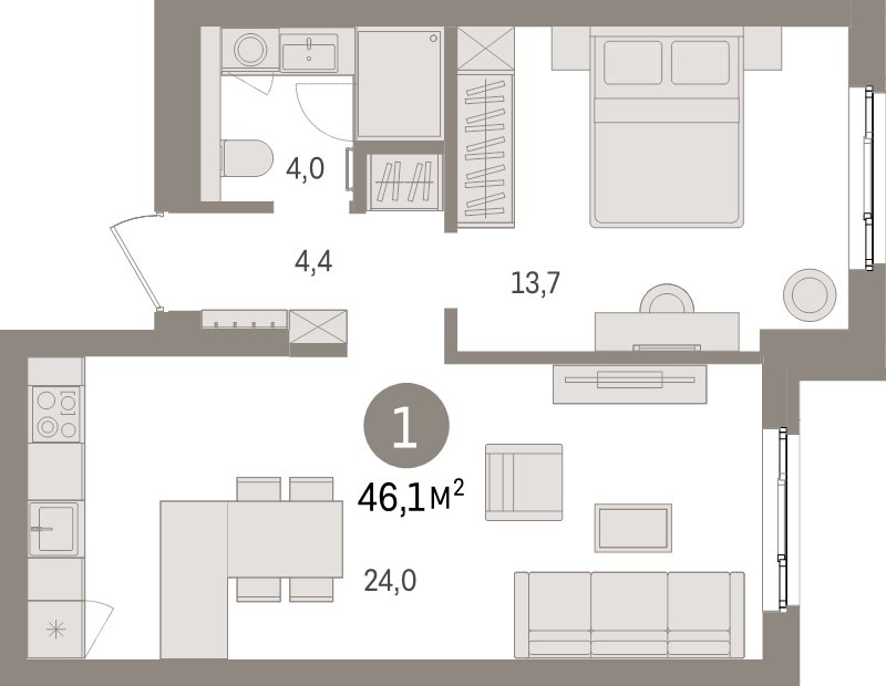 2-комнатная (Евро) квартира, 46.1 м² в ЖК "Брусника в Новоселье" - планировка, фото №1