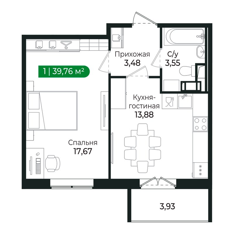 1-комнатная квартира, 38.2 м² в ЖК "Сертолово Парк" - планировка, фото №1