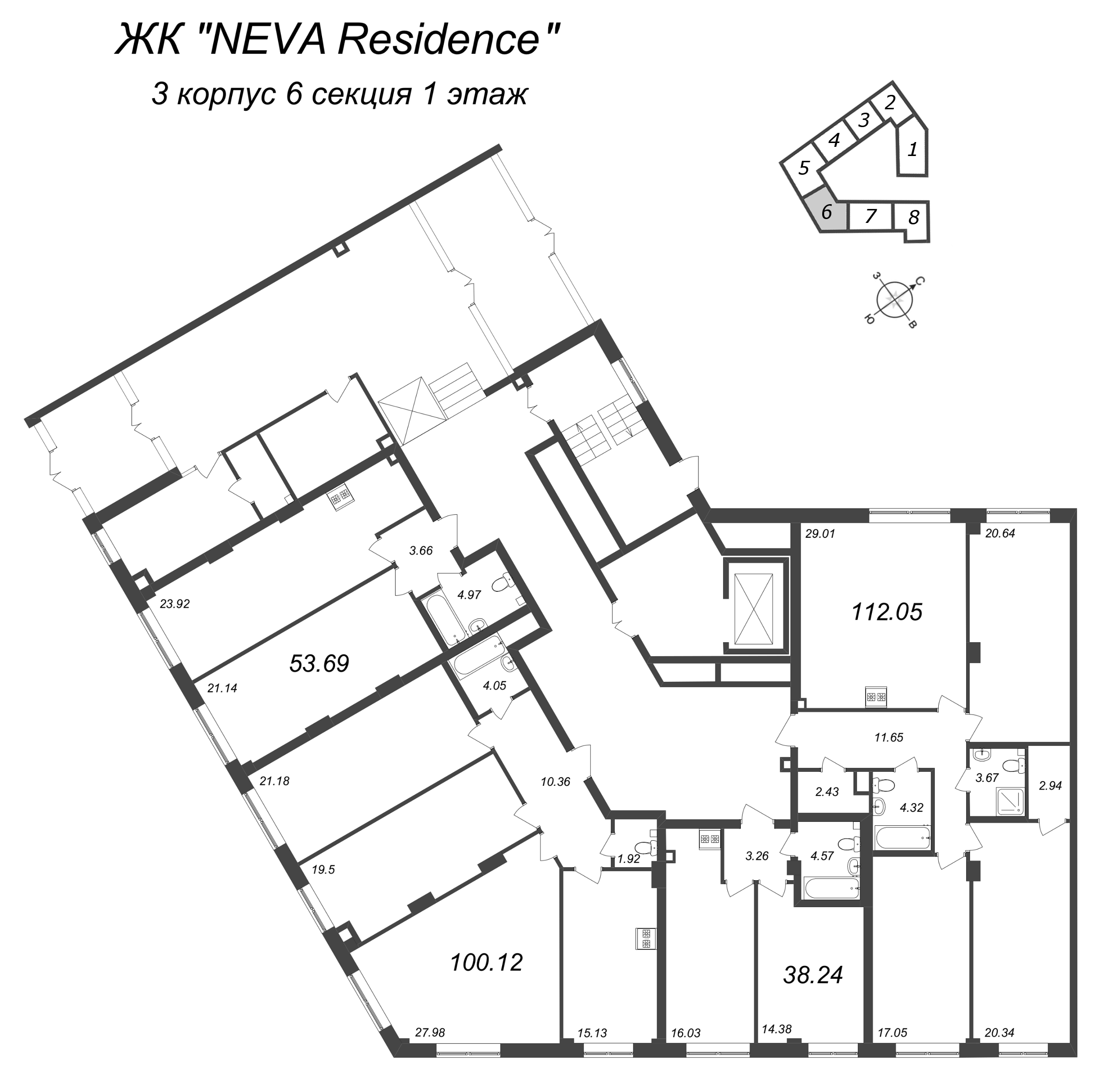 4-комнатная (Евро) квартира, 100.12 м² в ЖК "Neva Residence" - планировка этажа