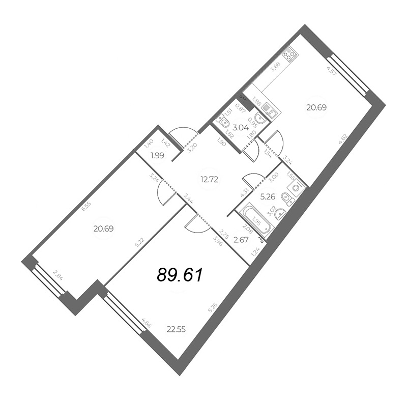 3-комнатная (Евро) квартира, 89.61 м² - планировка, фото №1