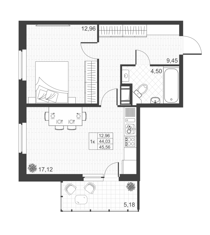 2-комнатная (Евро) квартира, 44.3 м² в ЖК "Ново-Антропшино" - планировка, фото №1