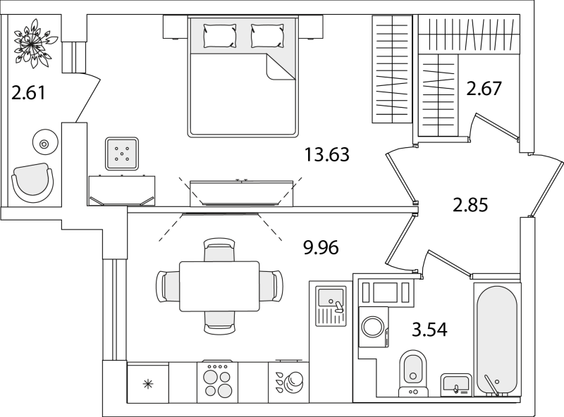 1-комнатная квартира, 33.96 м² в ЖК "Кинопарк" - планировка, фото №1