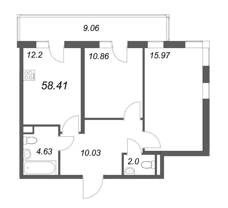 2-комнатная квартира, 58.41 м² в ЖК "Новая история" - планировка, фото №1