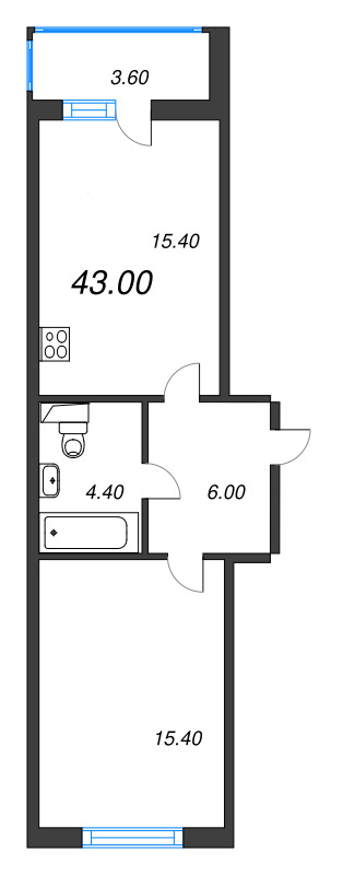 1-комнатная квартира, 43 м² - планировка, фото №1