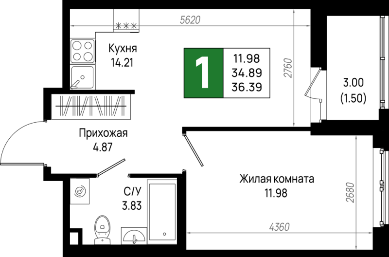 1-комнатная квартира, 36.39 м² в ЖК "Имена" - планировка, фото №1