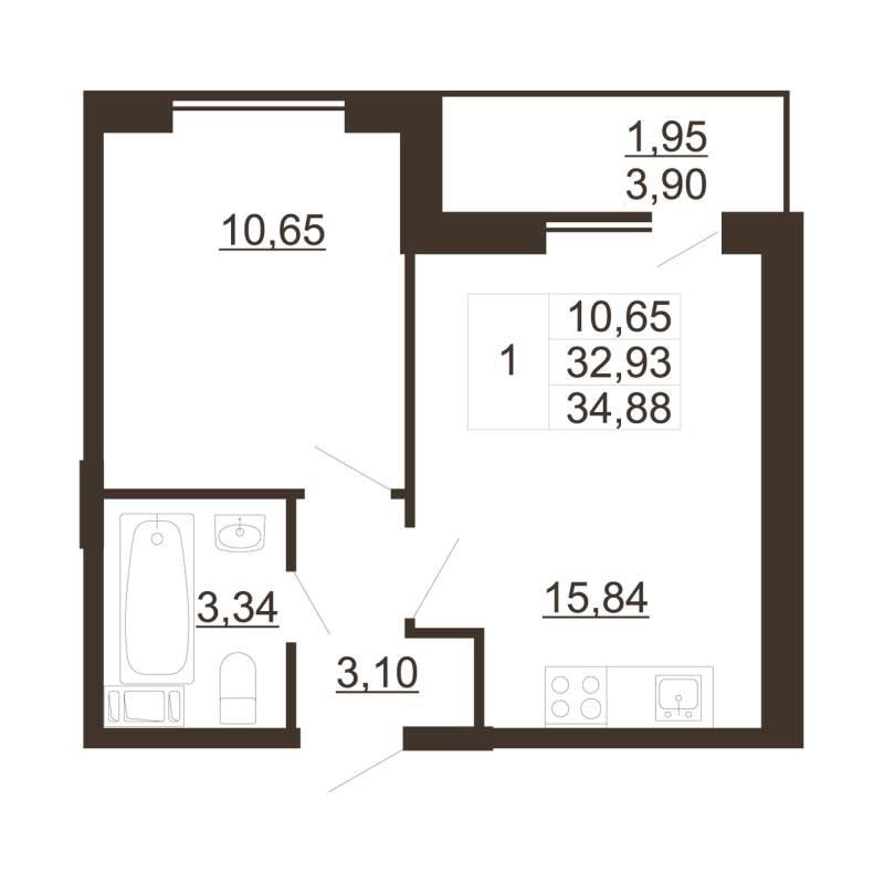 2-комнатная (Евро) квартира, 34.88 м² - планировка, фото №1