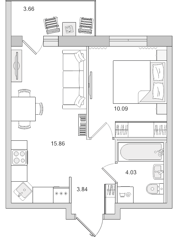 2-комнатная (Евро) квартира, 33.82 м² - планировка, фото №1