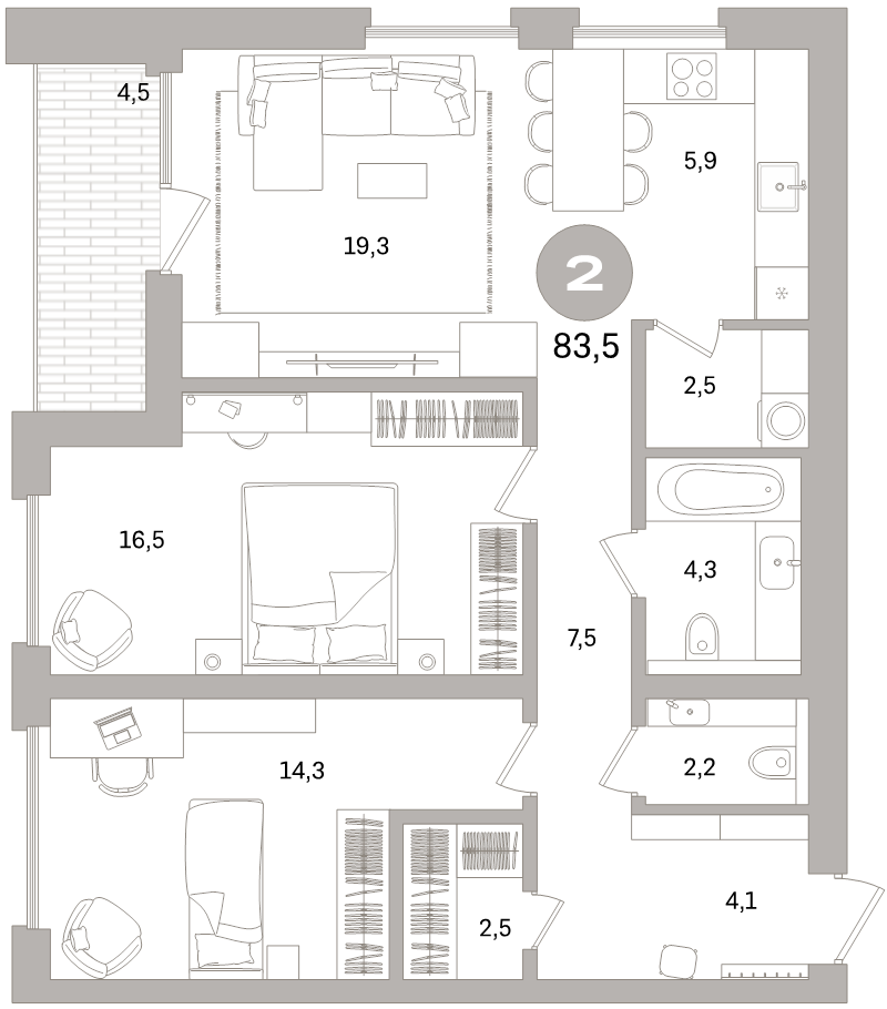 3-комнатная (Евро) квартира, 83.5 м² - планировка, фото №1