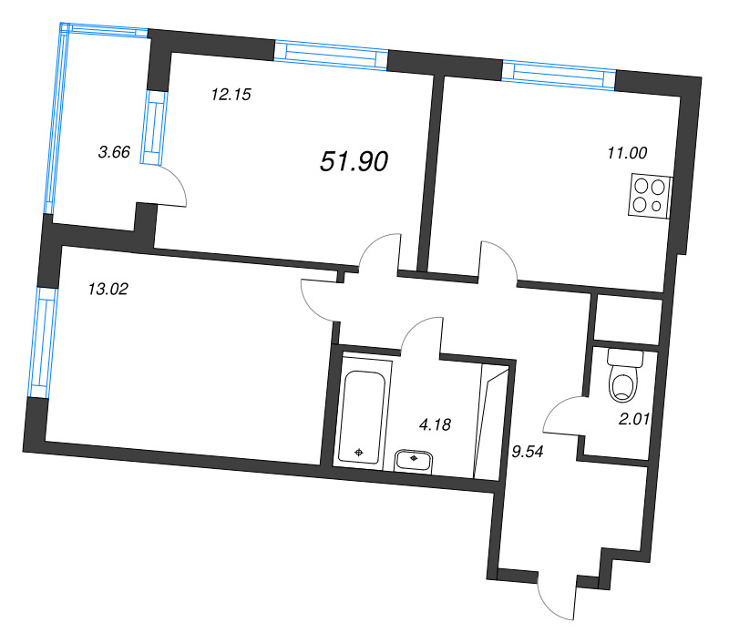 2-комнатная квартира, 51.9 м² в ЖК "ЮгТаун" - планировка, фото №1