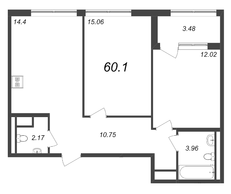 2-комнатная квартира, 60.1 м² - планировка, фото №1