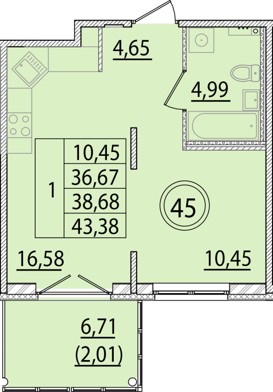 2-комнатная (Евро) квартира, 36.67 м² - планировка, фото №1