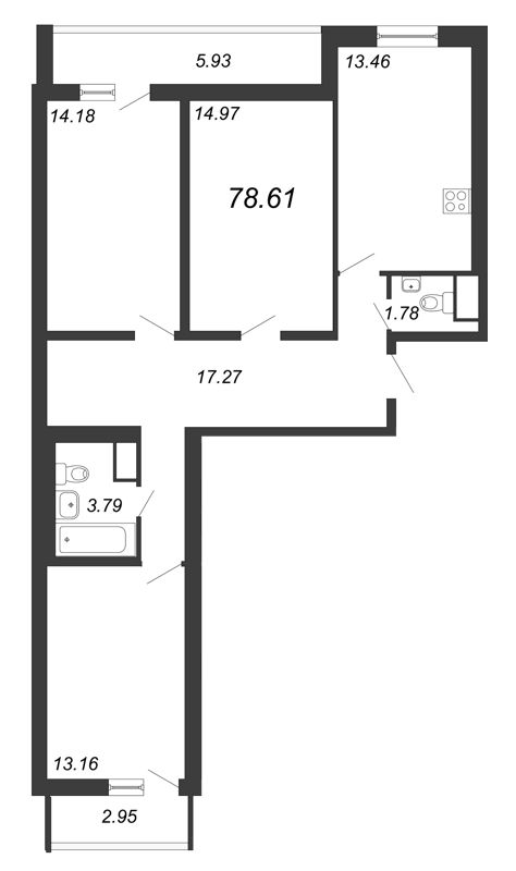3-комнатная квартира, 78.61 м² - планировка, фото №1